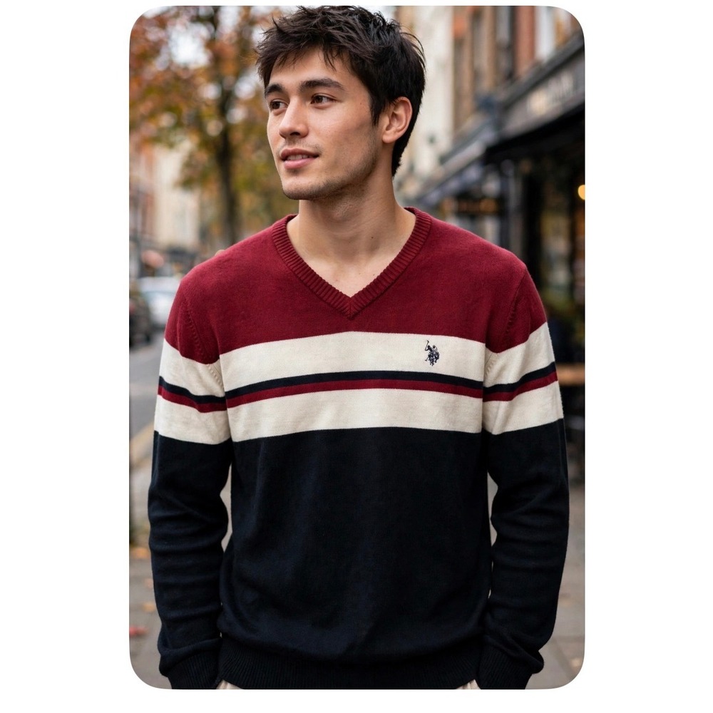 US Polo Assn Mens V-Neck Colorblock Sweater Red White Navy Blue Large